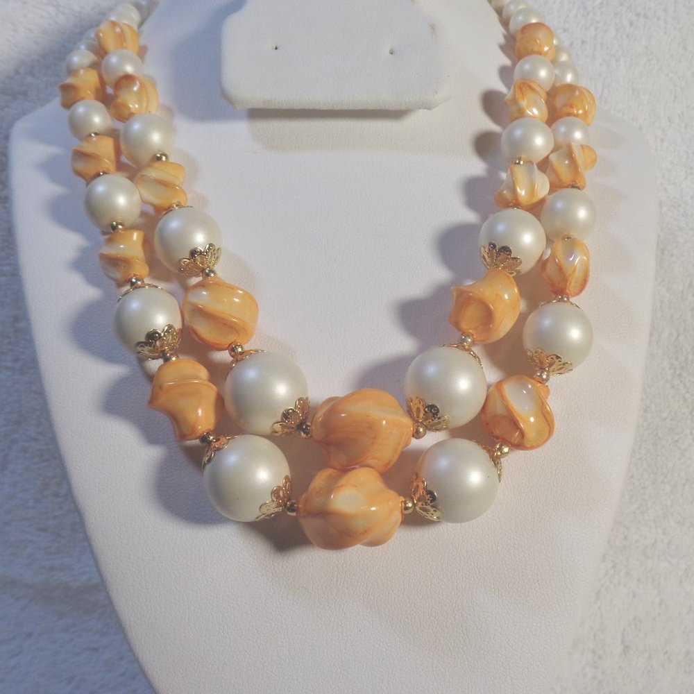 Beautiful Double Strand White & Pastel Orange Beads